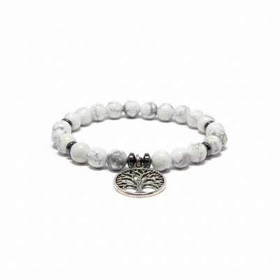 Howlite & hematite bracelet with silver tree of life – calm, balance & spiritual growth