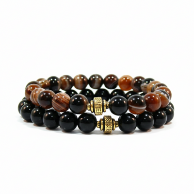 Striated agate & black agate bracelet set – balance, protection & timeless strength