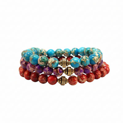 Impression jasper gemstone bracelet trio – healing, chakra, and yoga jewelry