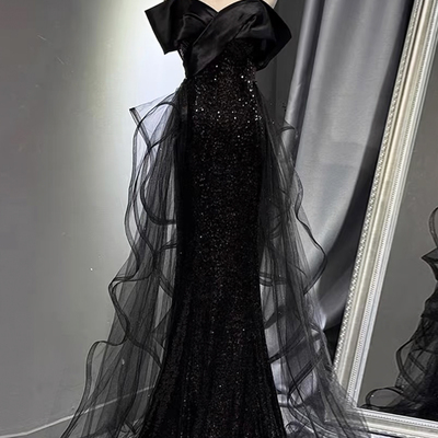 Luxury black sequin prom dress off shoulder mermaid formal gown