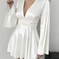 Elegant Solid Color V-Neck Long Sleeved Dress - Thumbnail 1