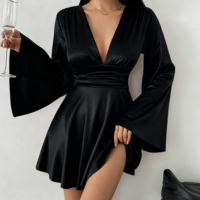 Elegant Solid Color V-Neck Long Sleeved Dress - Thumbnail 2