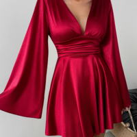 Elegant Solid Color V-Neck Long Sleeved Dress - Thumbnail 3