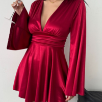 Elegant Solid Color V-Neck Long Sleeved Dress - Thumbnail 4