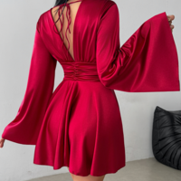 Elegant Solid Color V-Neck Long Sleeved Dress - Thumbnail 5