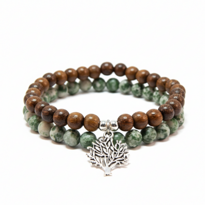 Tree Agate & Wood Gemstone Bracelet with Tree Charm – Growth, Grounding & Natural Harmony