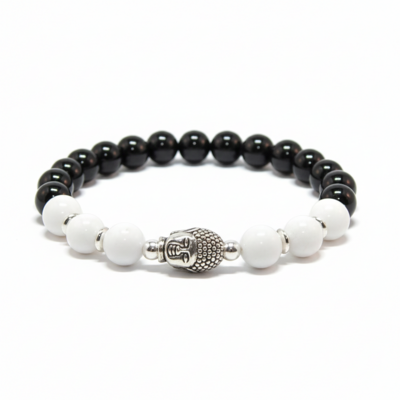 Jadeite & black obsidian bracelet with silver buddha – wisdom, protection & inner peace