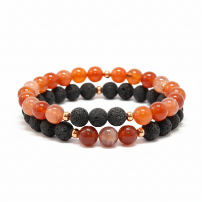 Crab Fire Agate & Black Lava Stone Bracelet Set – Energy, Courage & Elemental Power