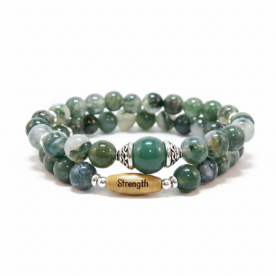 Moss Agate & Engraved Wood Bracelet – Strength, Grounding & Natural Energy