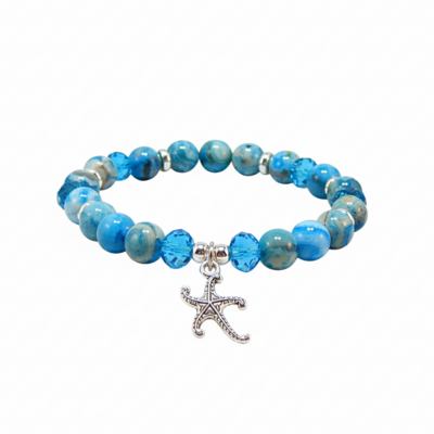 Blue crazy lace agate & crystal bracelet with starfish charm – ocean energy & joy