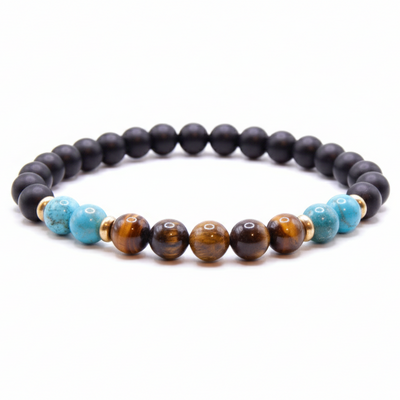 Tiger eye, turquoise & matte obsidian men’s bracelet – balance, strength & protection
