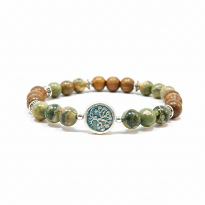 Rhyolite gemstone & robles wood bracelet with raku tree of life – harmony & renewal