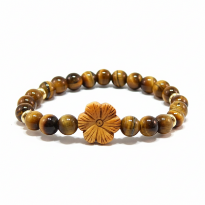 Carved flower & tiger eye gemstone bracelet – courage, protection & mystical elegance