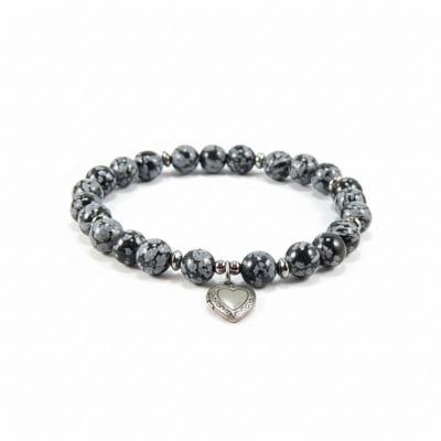 Snowflake obsidian locket charm stretch bracelet – protection, balance & everyday magic