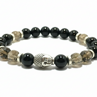 Smokey quartz & black agate stretch bracelet with silver buddha – protection, calm & inner strength