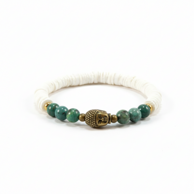 Turquoise & puka shell bracelet with brass buddha – peace, protection & ocean spirit