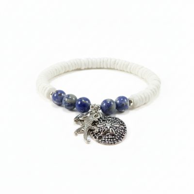 Sodalite & puka shell bracelet with beach charms – ocean calm, intuition & coastal spirit