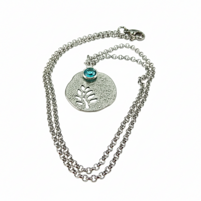 December birthstone leaf pendant necklace - handmade silver leaf cutout with blue zircon crystal charm