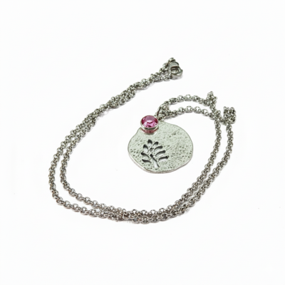 October birthstone leaf pendant necklace - handmade silver leaf cutout with pink tourmaline crystal charm