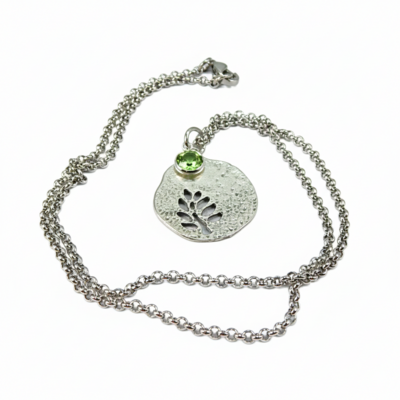 August Birthstone Leaf Pendant Necklace - Handmade Silver Leaf Cutout with Peridot Crystal Charm