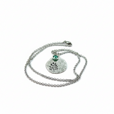 May birthstone leaf pendant necklace - handmade silver leaf cutout with emerald crystal charm