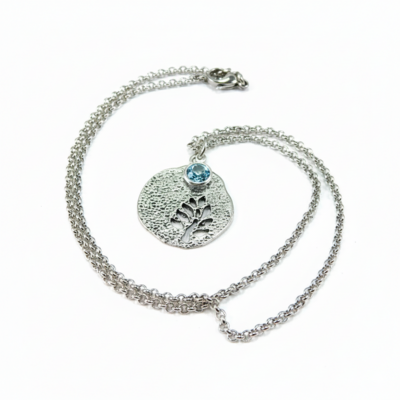 March birthstone leaf pendant necklace - handmade silver leaf cutout with aquamarine crystal charm