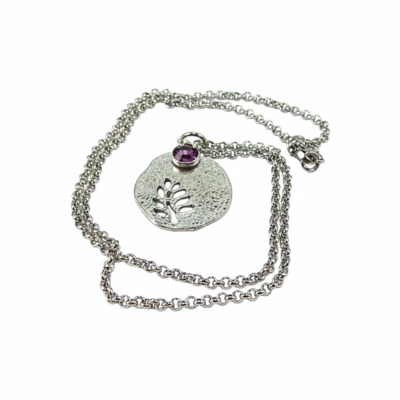 February birthstone leaf pendant necklace - handmade silver leaf cutout with amethyst crystal charm