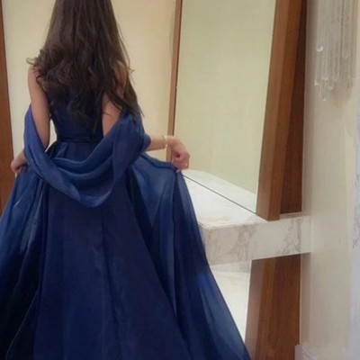 Strapless royal blue long chiffon prom dresses - Thumbnail 4