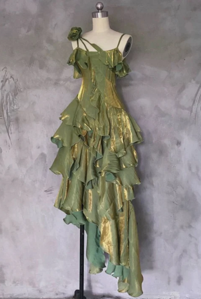 Spaghetti Straps Irregular Ruffled Green Prom Dresses With Detachable Rose
