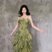 Spaghetti Straps Irregular Ruffled Green Prom Dresses With Detachable Rose - Thumbnail 1