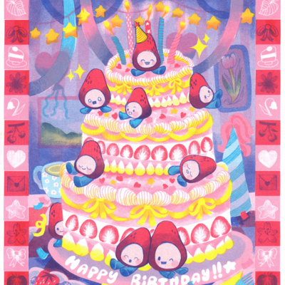 Strawberry birthday risograph print