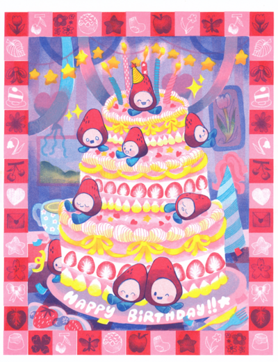 Strawberry Birthday Risograph Print