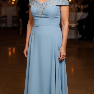 Sheath light blue mother of bride/groom dress with lace formal evening gowns