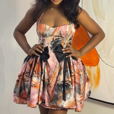 Temperament bow high waist straps dress