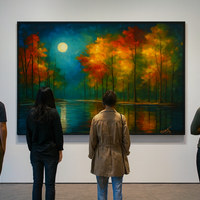 Moonlit Harmony - Colorful Trees Over Tranquil Waters - Thumbnail 1