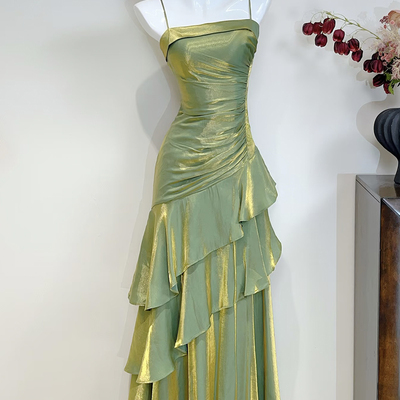 Shiny olive green satin evening gown ruffled spaghetti strap formal dress