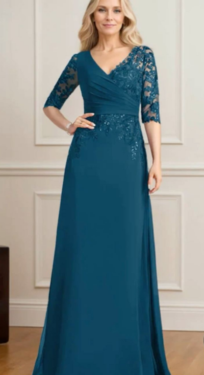 A Line Half Sleeve Blue Lace Mother of Bride/Groom Dress Evening Gowns