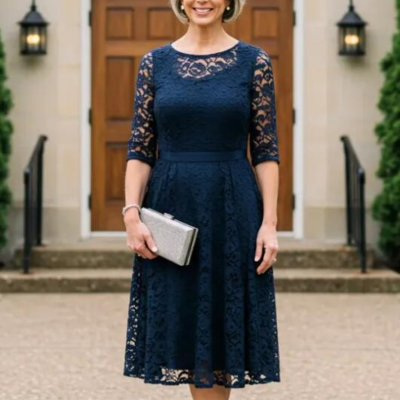 A line tea-length navy blue lace mother of the bride/ groom dresses formal evening gowns - Thumbnail 1