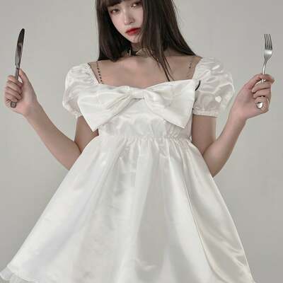 Girls big bowknot front empire waist white puffy dress
