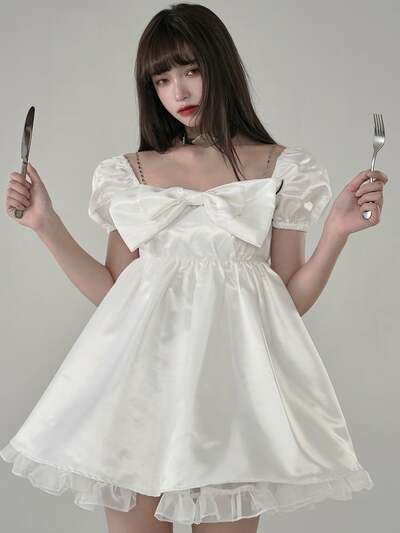 Girls Big Bowknot front Empire Waist White Puffy Dress