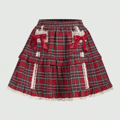Kawaii tartan bow decor lace trim skirt