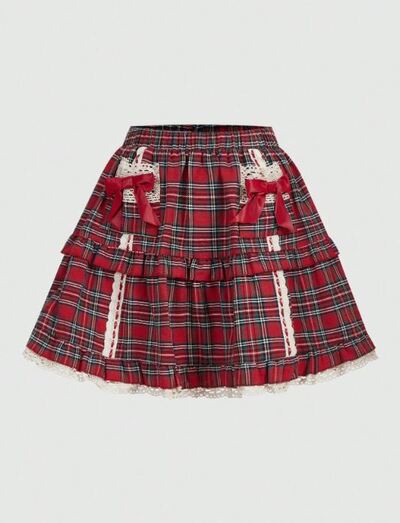Kawaii Tartan Bow Decor Lace Trim Skirt