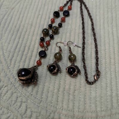 Brass claw black orb necklace earring set