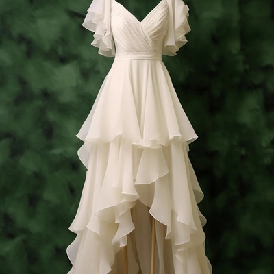 White chiffon ruffle prom dress v-neck high low evening party dress