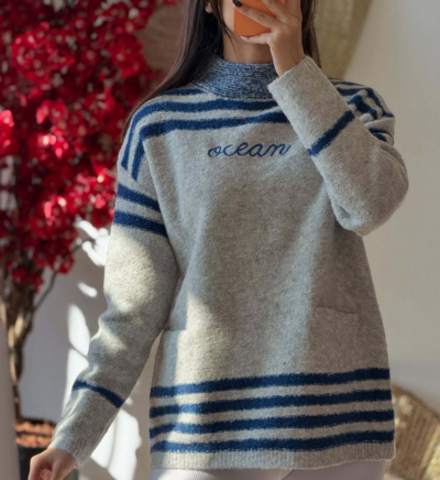 Ocean Stripe Gray Mock Neck Jumper Knit Sweater