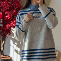 Ocean Stripe Gray Mock Neck Jumper Knit Sweater - Thumbnail 1