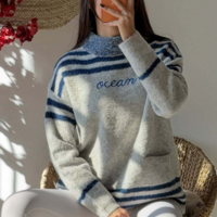 Ocean Stripe Gray Mock Neck Jumper Knit Sweater - Thumbnail 3