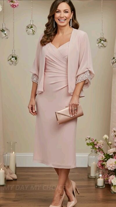 Pink A Line Chiffon Tea-length Mother of Bride/Groom Dress Evening Formal Gowns 