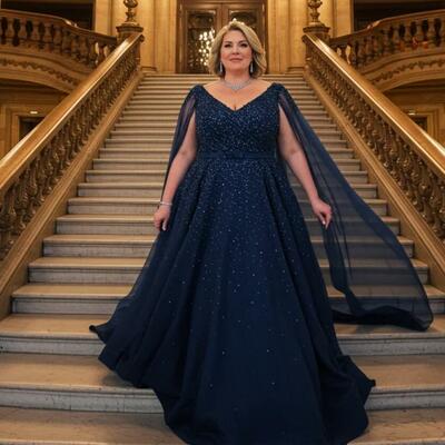 Plus size a line lace navy blue appliques mother of bride/groom dress evening formal gowns 