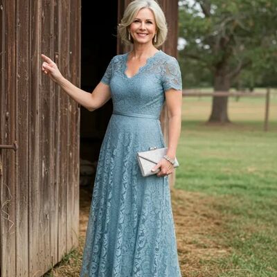 Blue a line lace tea-length mother of bride/groom dress evening formal gowns 